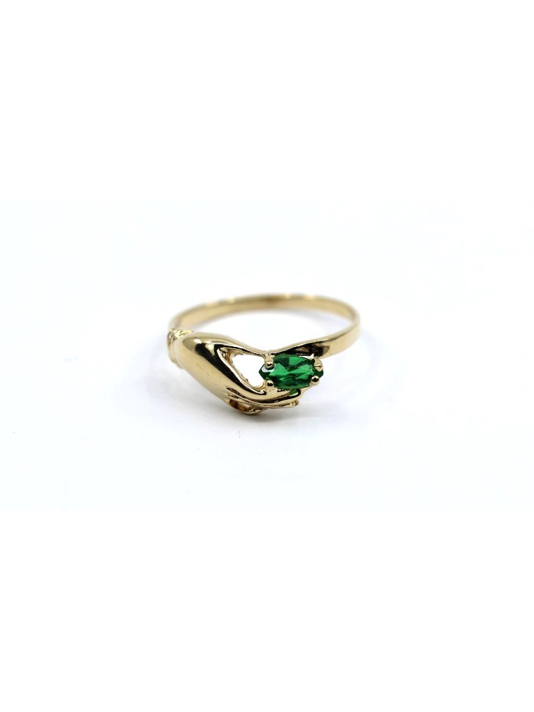 Unique 14k Solid Yellow Gold Designer Marquise Green Crystal Hand Ring  Size 7